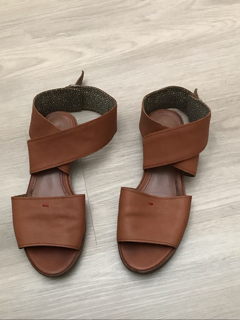 Ellen Degeneres Brown Leather Crisscross Ankle Strap Sandals